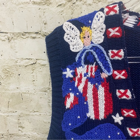 Vintage Belle Pointe Blue Red American Angels V Neck Cardigan - Picture 2 of 5